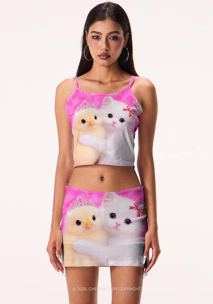 Kitten Hugging Chick Y2K Print Mini Skirt Cherrykitten