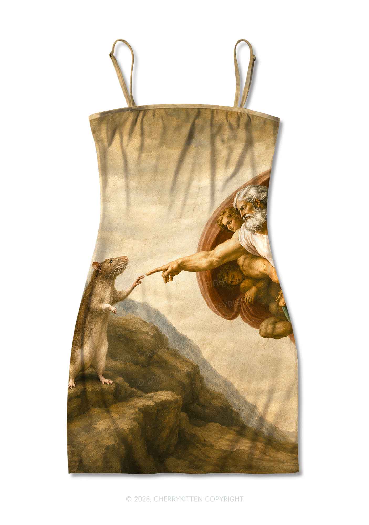 God Hand Touching Rat Y2K Print Slip Dress Cherrykitten