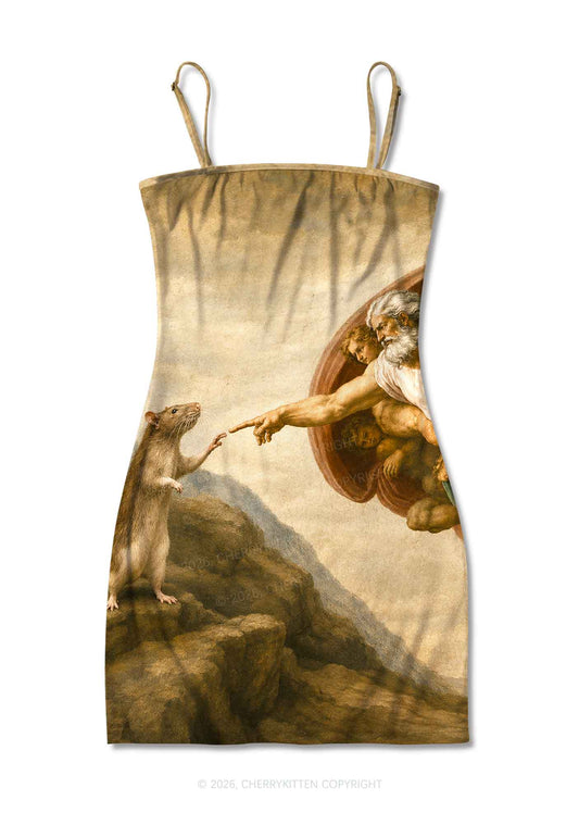 God Hand Touching Rat Y2K Print Slip Dress Cherrykitten