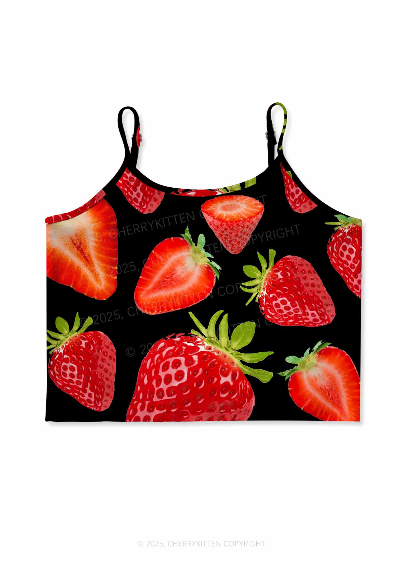 Black Strawberry Y2K Print Cami Crop Top Cherrykitten