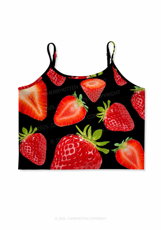Black Strawberry Y2K Print Cami Crop Top Cherrykitten