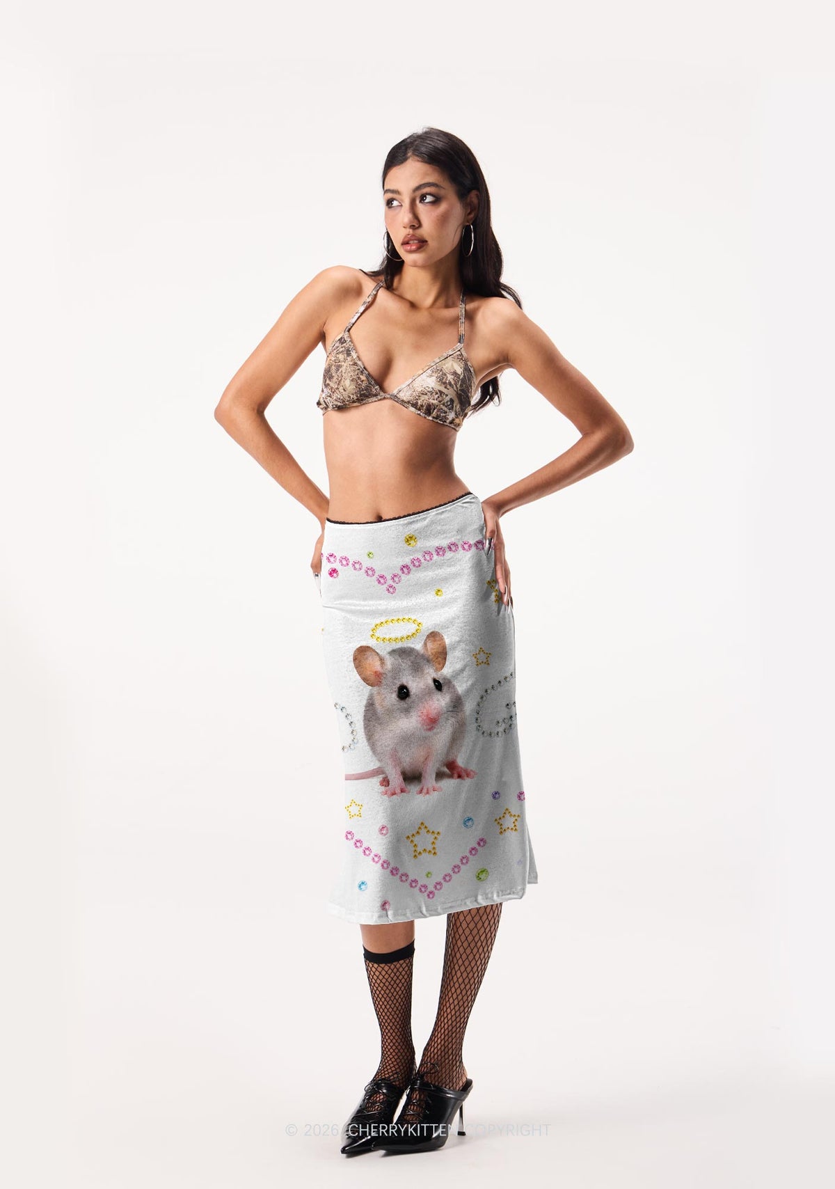 Rhinestone Angel Rat Y2K Print Midi Skirt Cherrykitten