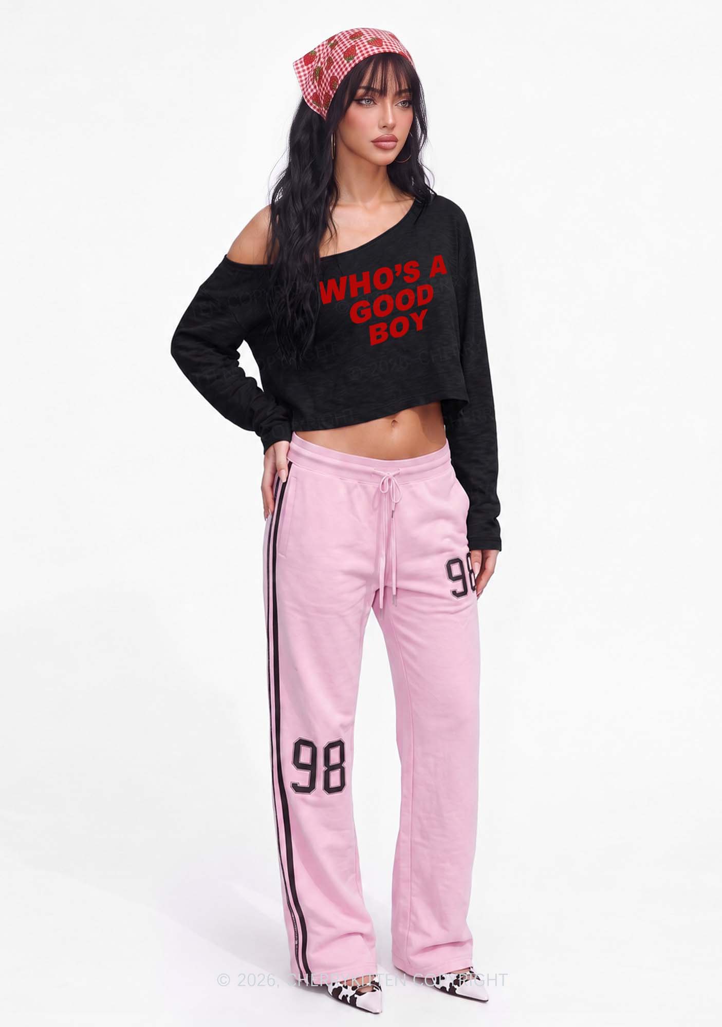 Whos A Good Boy Y2K Off Shoulder Long Sleeve Crop Top Cherrykitten
