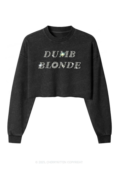 Rhinestone Dumb Blonde Y2K Crop Washed Sweatshirts Cherrykitten