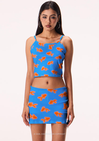 Orange Goldfish On Blue Y2K Print Mini Skirt Cherrykitten