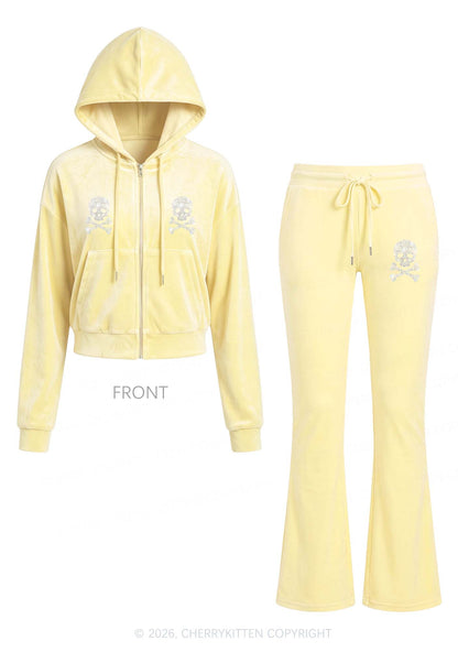 Rhinestone Silver Skull Y2K Velvet Tracksuit Set Cherrykitten