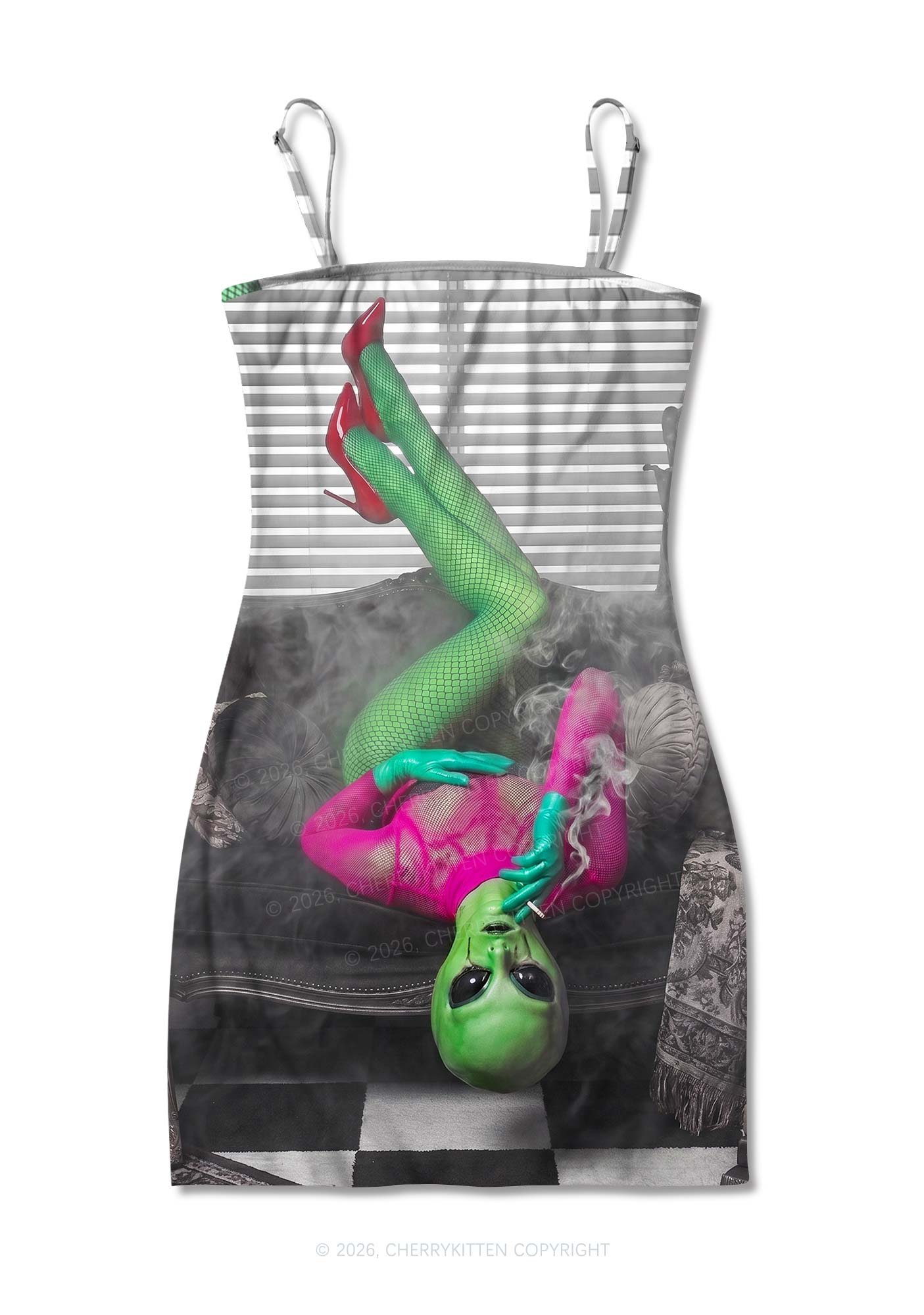 Smoking Alien Y2K Print Slip Dress Cherrykitten
