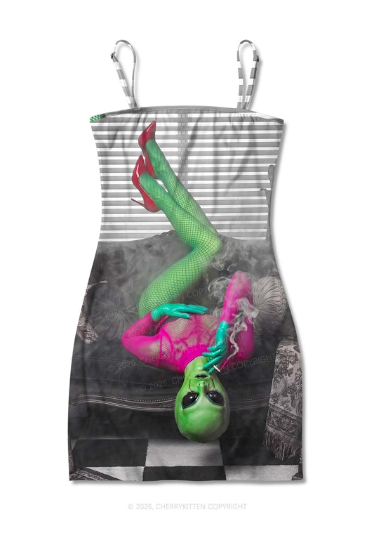 Smoking Alien Y2K Print Slip Dress Cherrykitten