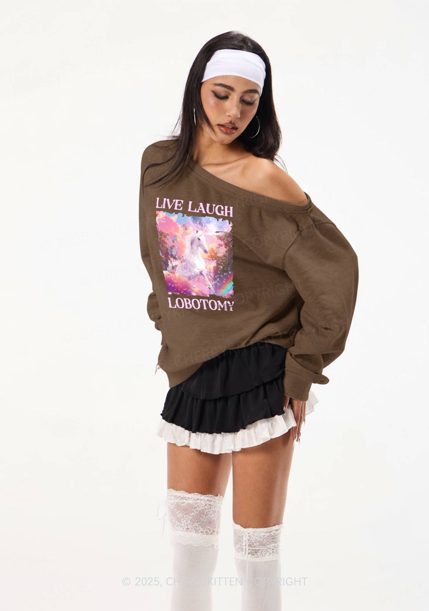 Live Laugh Lobotomy Unicorn Y2K Off Shoulder Sweatshirts Cherrykitten