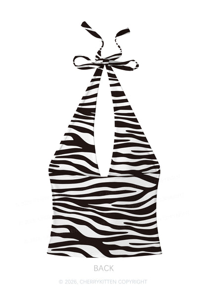 Classic Zebra Stripes Y2K Print Halter Deep V Neck Cami Cherrykitten