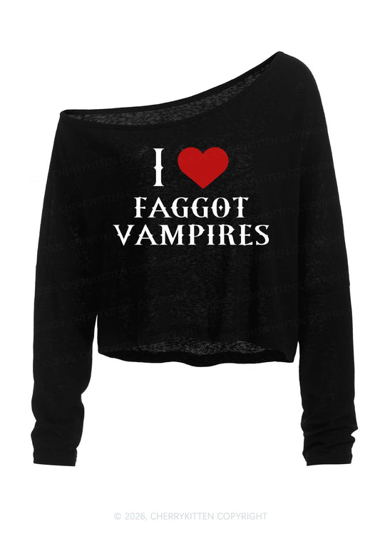 Halloween I Love Faggot Vampires Y2K Off Shoulder Long Sleeve Crop Top Cherrykitten