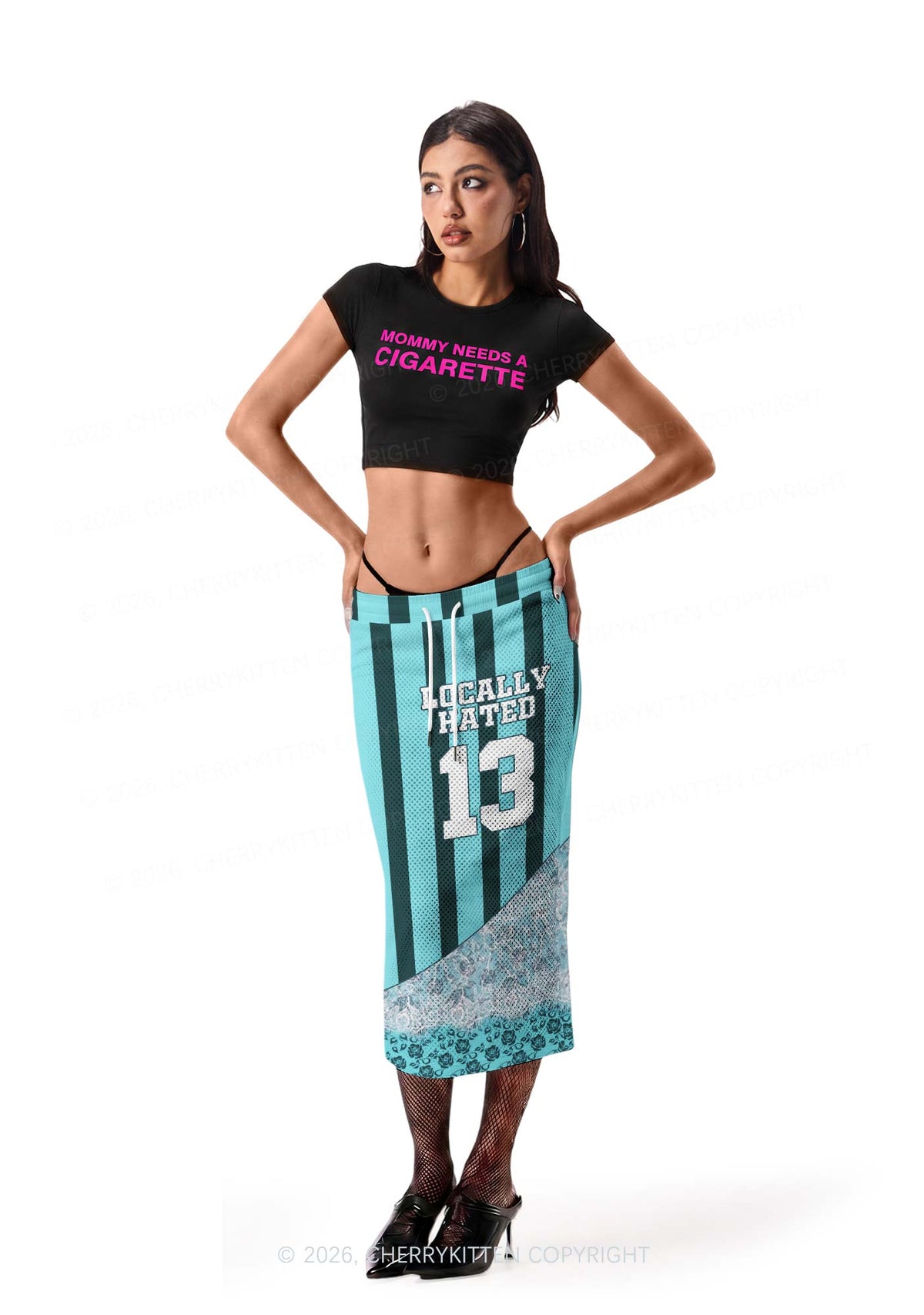 Locally Hated Green Stripes Y2K Sport Jersey Drawstring Midi Skirt Cherrykitten
