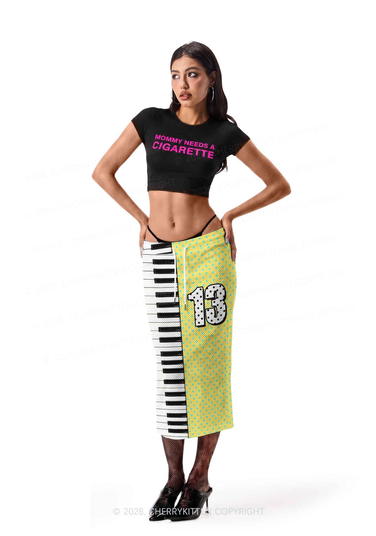 Yellow Dots Piano Keys Y2K Sport Jersey Drawstring Midi Skirt Cherrykitten