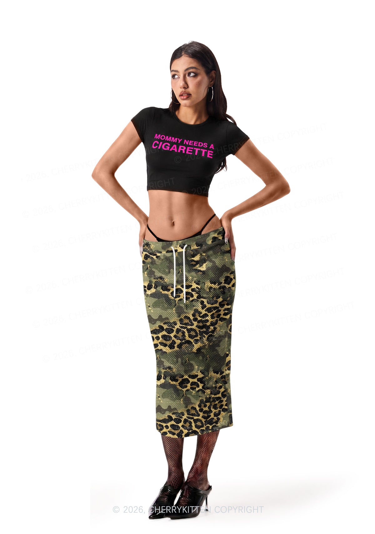 Green Camouflage And Leopard Y2K Sport Jersey Drawstring Midi Skirt Cherrykitten