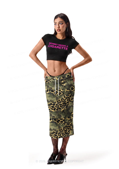 Green Camouflage And Leopard Y2K Sport Jersey Drawstring Midi Skirt Cherrykitten