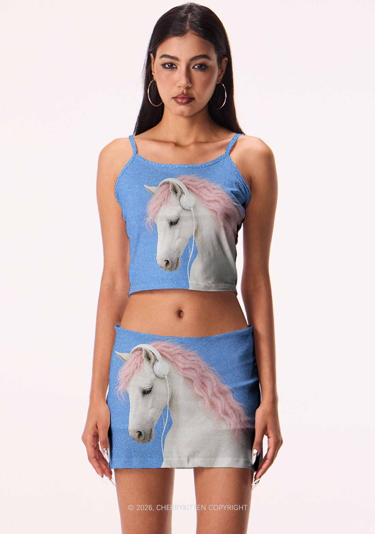Pink Mane Horse With Headphones Y2K Print Mini Skirt Cherrykitten