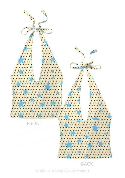 Dots With Blue Star Y2K Print Halter Deep V Neck Cami Cherrykitten