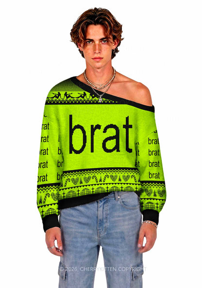 Green Brat Y2K Off Shoulder Knit Sweatshirt Cherrykitten