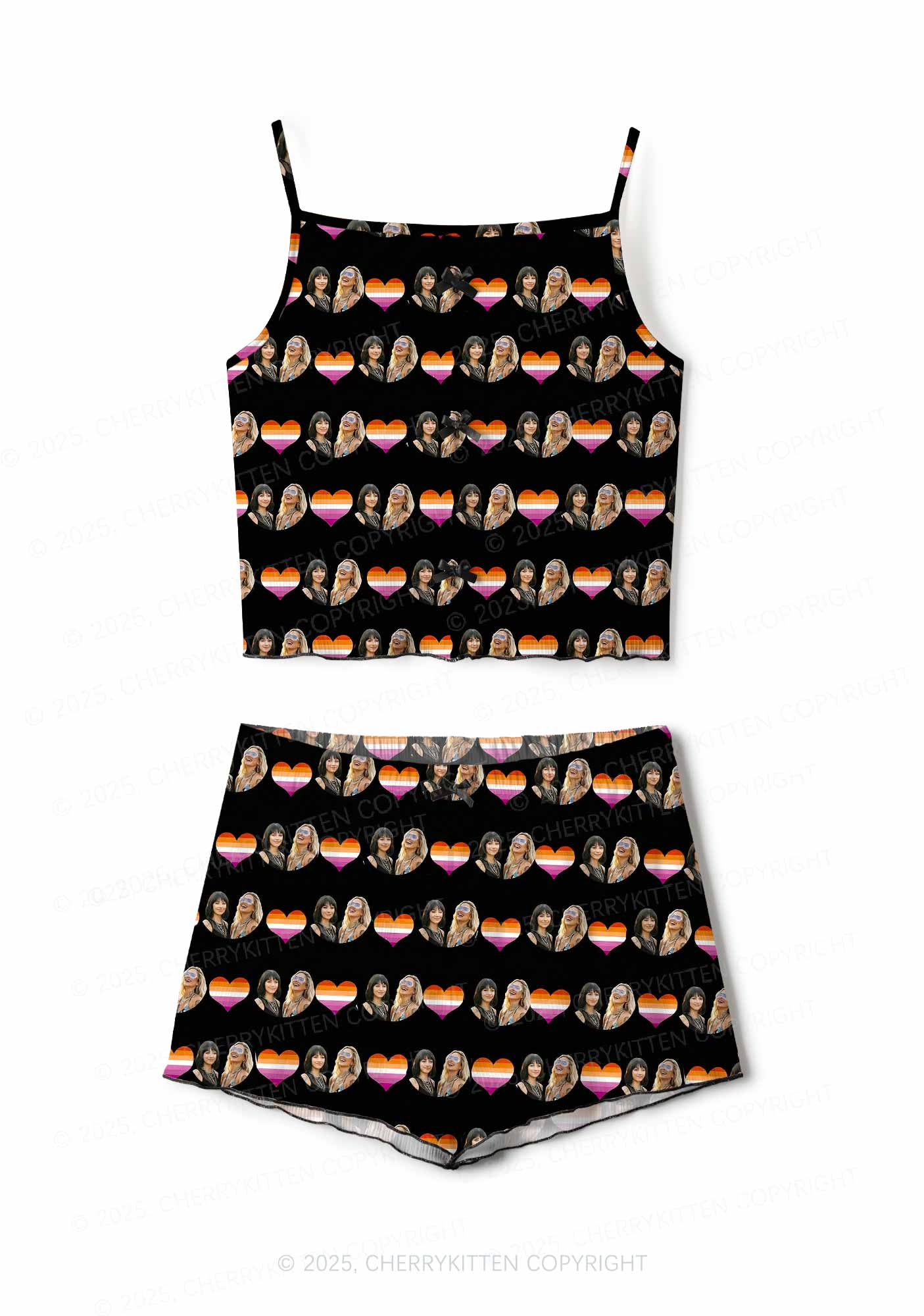 Custom Lesbian Couple Photo Valentine's Day Y2K Print Cami Shorts Pajama Set Cherrykitten