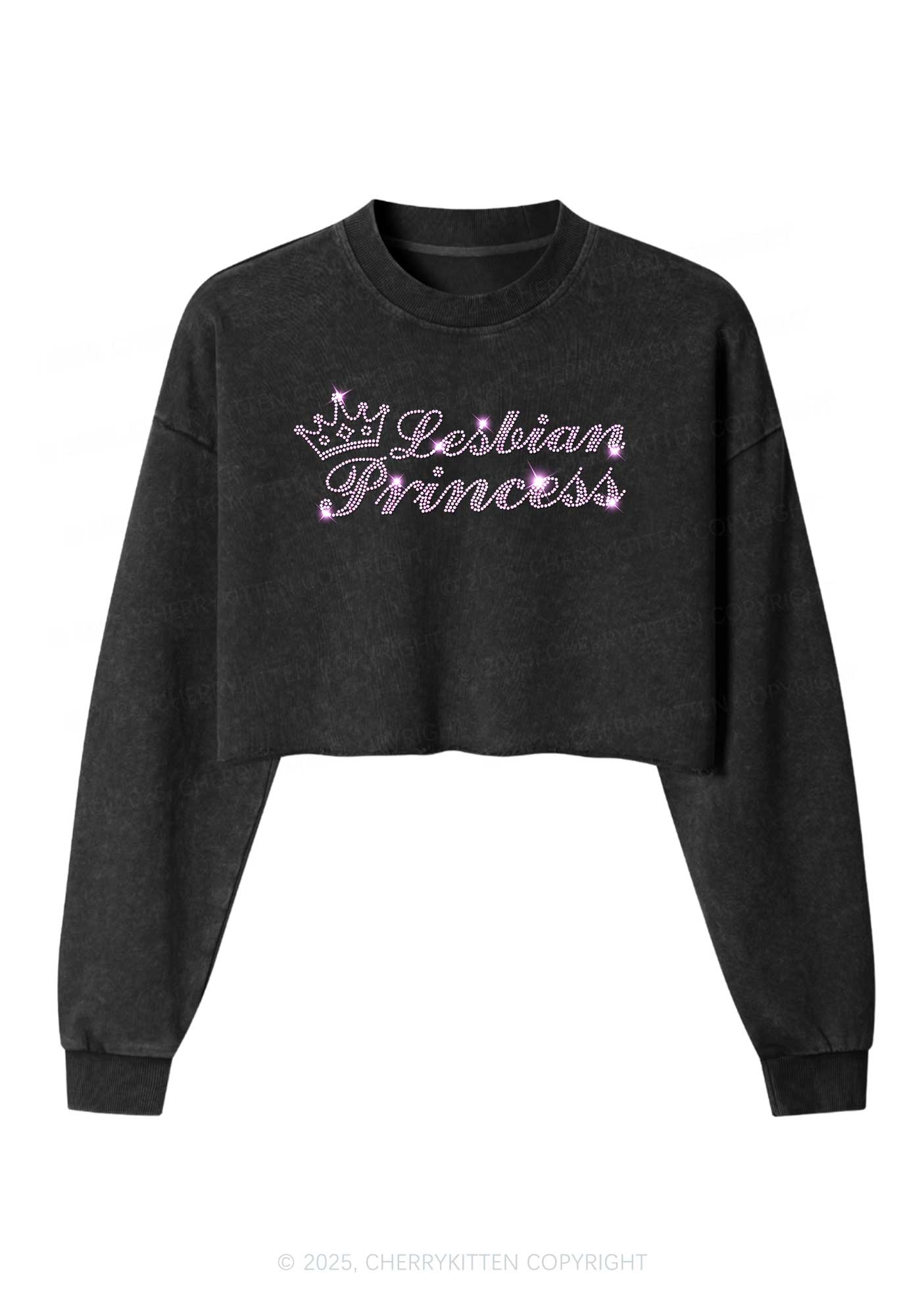 Rhinestone Lesbian Princess Pride Y2K Crop Washed Sweatshirts Cherrykitten