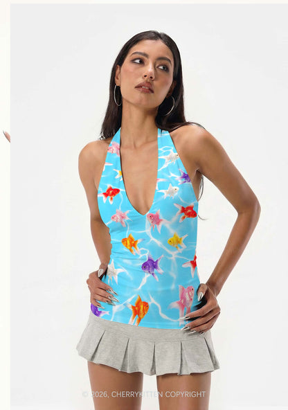 Water Ripple Goldfish Y2K Print Halter Deep V Neck Cami Cherrykitten