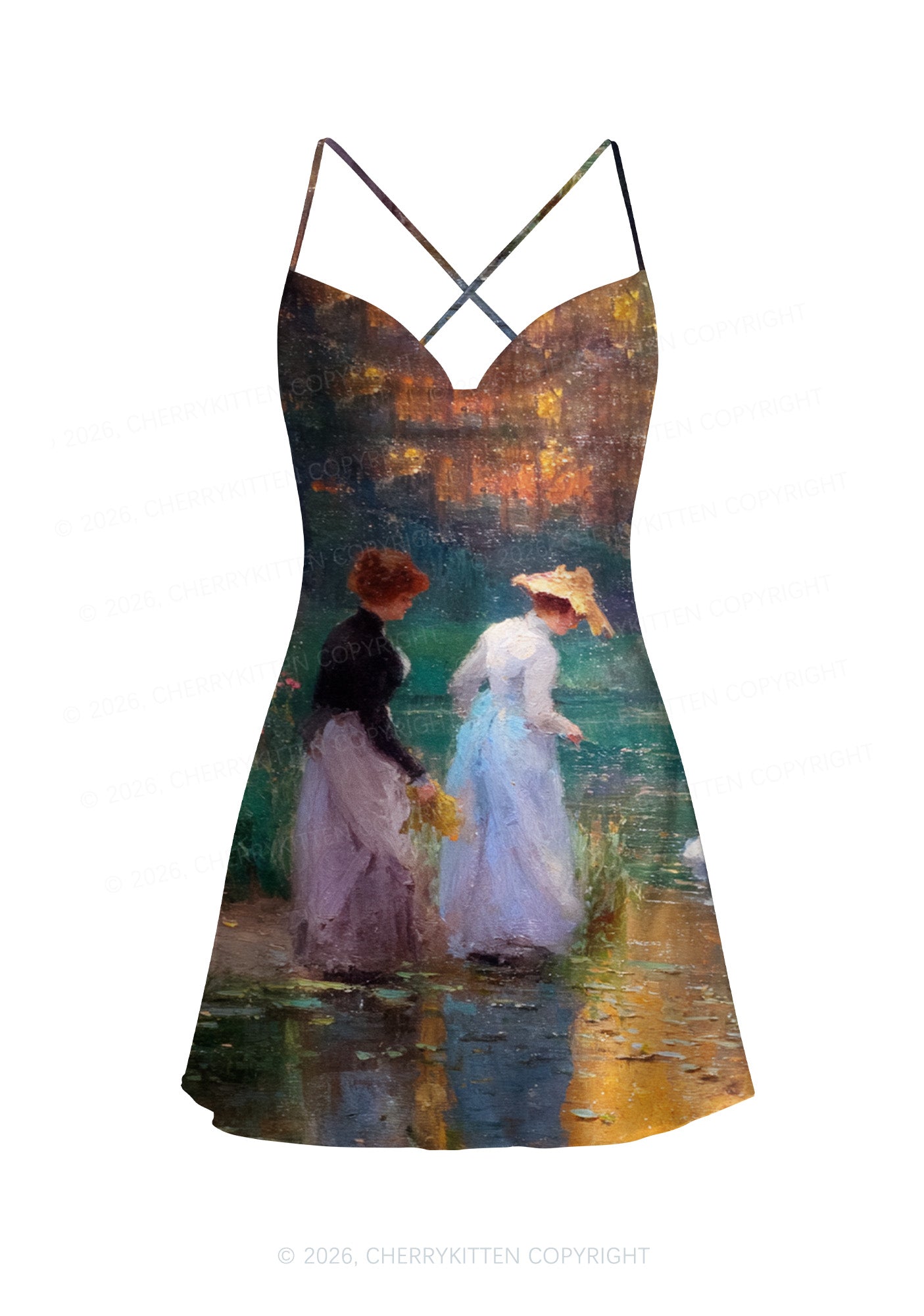 Sunset Pond Swans Pride Y2K Print Satin Cowl Neck Slip Dress Cherrykitten