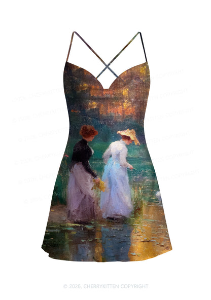 Sunset Pond Swans Pride Y2K Print Satin Cowl Neck Slip Dress Cherrykitten