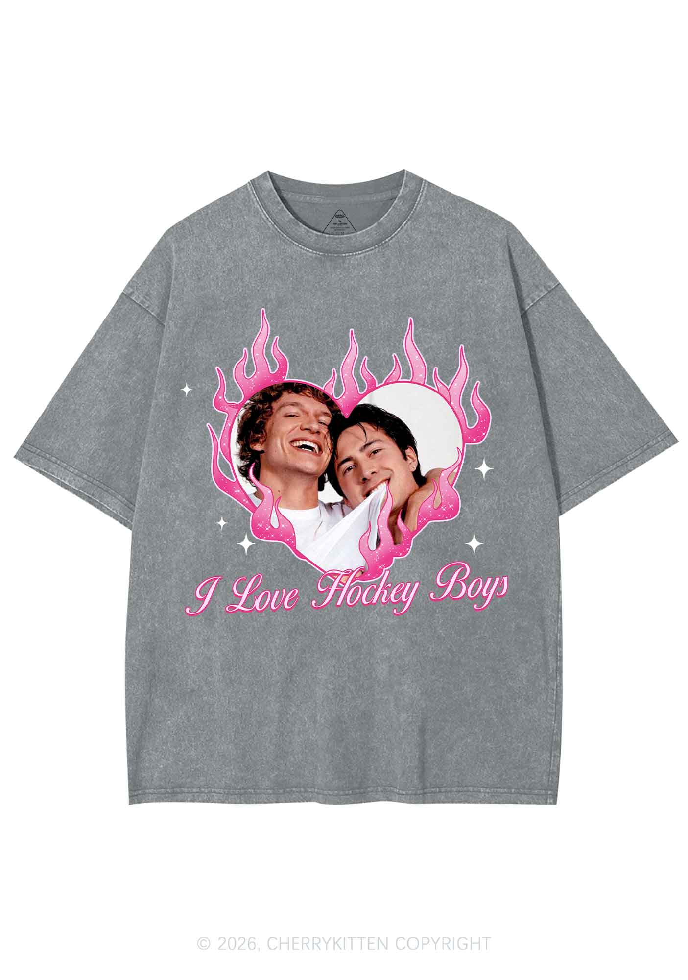 I Love Hockey Boys Pink Heart HR Y2K Shirts Washed Tee Cherrykitten