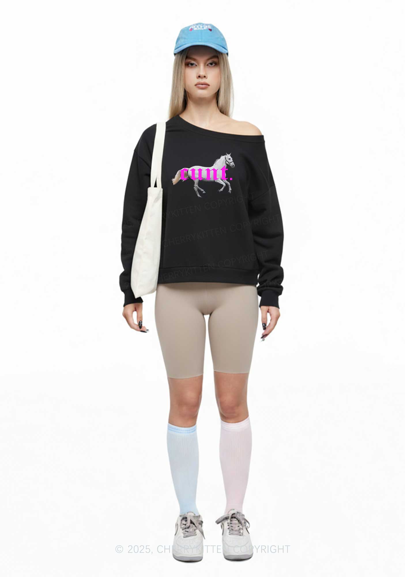 Cxxt Horse Y2K Off Shoulder Sweatshirts Cherrykitten