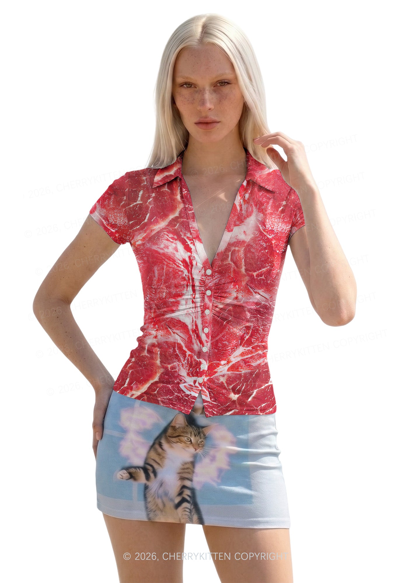 Beef Steak Texture Y2K Mesh Ruched  Waist  V Neck Top Cherrykitten