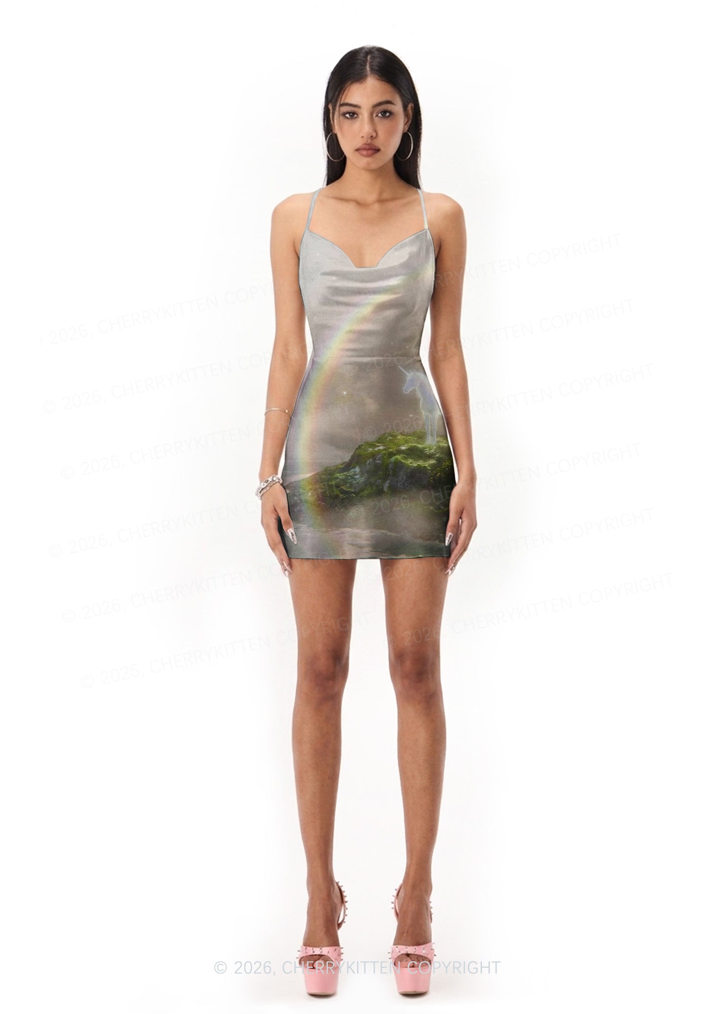Rainbow Glowing Unicorn Y2K Print Satin Cowl Neck Slip Dress Cherrykitten