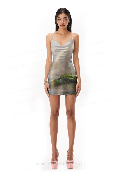 Rainbow Glowing Unicorn Y2K Print Satin Cowl Neck Slip Dress Cherrykitten