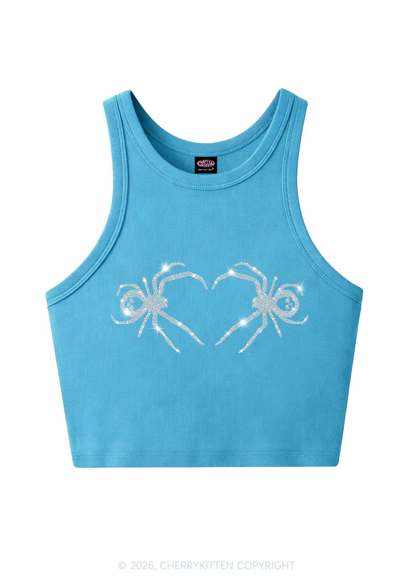Rhinestone Skull Spider Y2K Crop Tank Top Cherrykitten