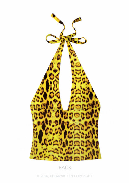 Yellow Leopard Y2K Print Halter Deep V Neck Cami Cherrykitten