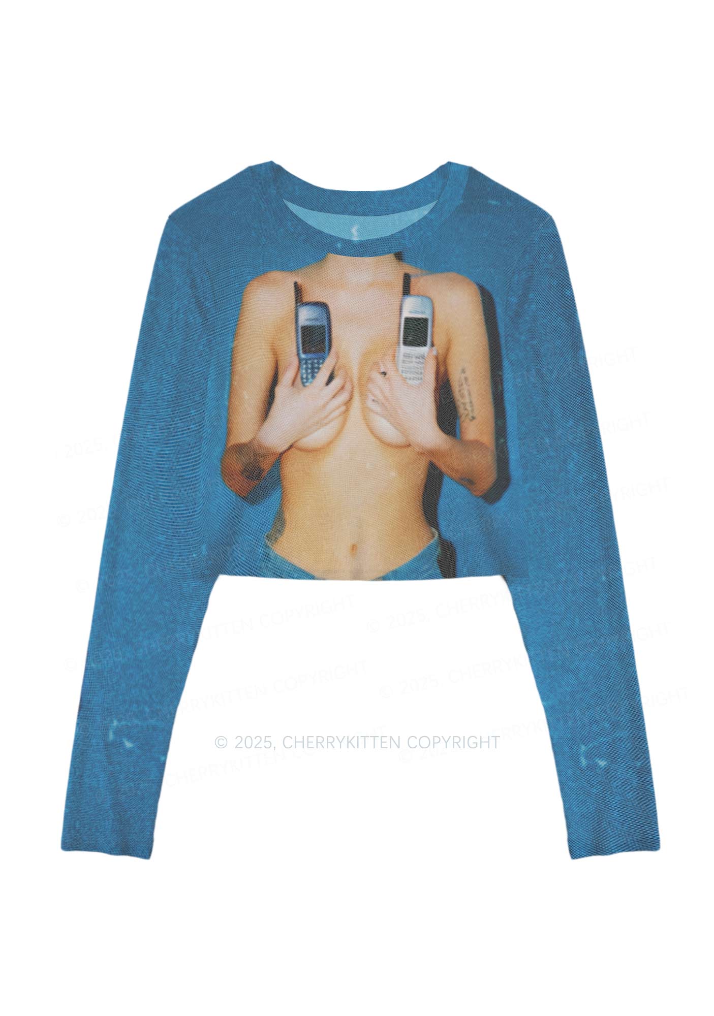 Phone Txts Y2K Mesh Long Sleeve Crop Top Cherrykitten