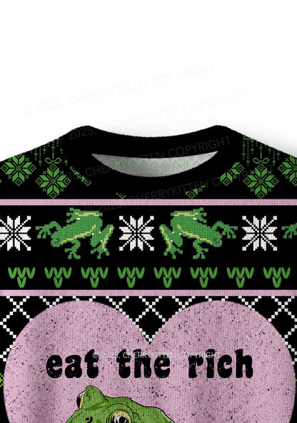 Eat The Rich Frog Y2K Christmas Knit Sweatshirt Cherrykitten