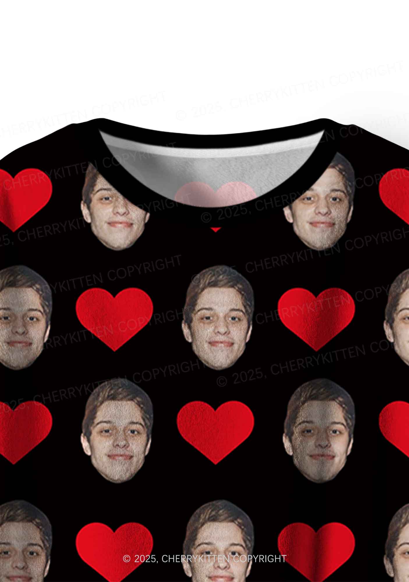 Custom Black Hearts Photo Y2K Valentine's Day Y2K Fleece Long Sleeve Pajama Set Cherrykitten