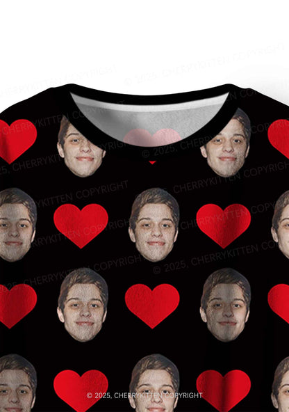 Custom Black Hearts Photo Y2K Valentine's Day Y2K Fleece Long Sleeve Pajama Set Cherrykitten