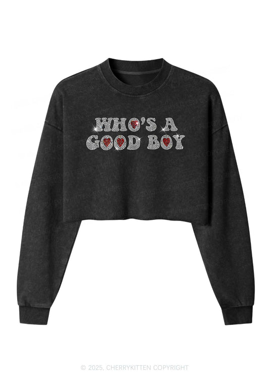 Rhinestone Whos A Good Boy Y2K Crop Washed Sweatshirts Cherrykitten