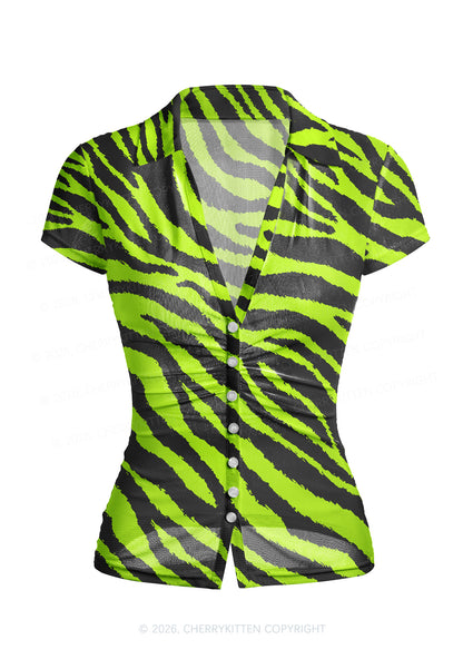 Green Zebra Y2K Mesh Ruched  Waist  V Neck Top Cherrykitten