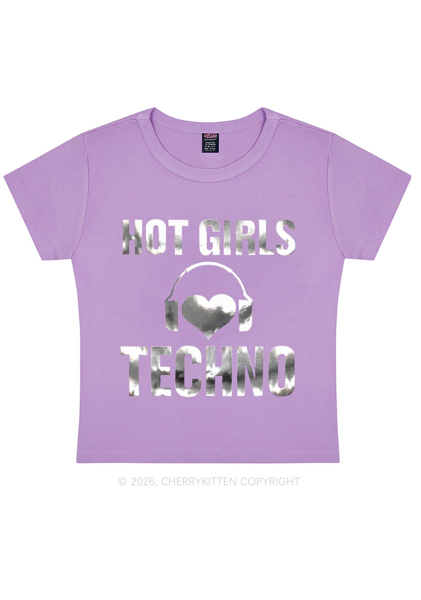 Hot Girls Love Techno Silver Foil Printed Y2K Baby Tee Cherrykitten