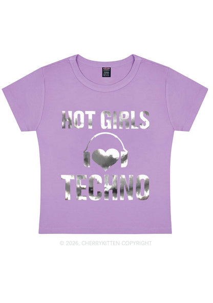 Hot Girls Love Techno Silver Foil Printed Y2K Baby Tee Cherrykitten