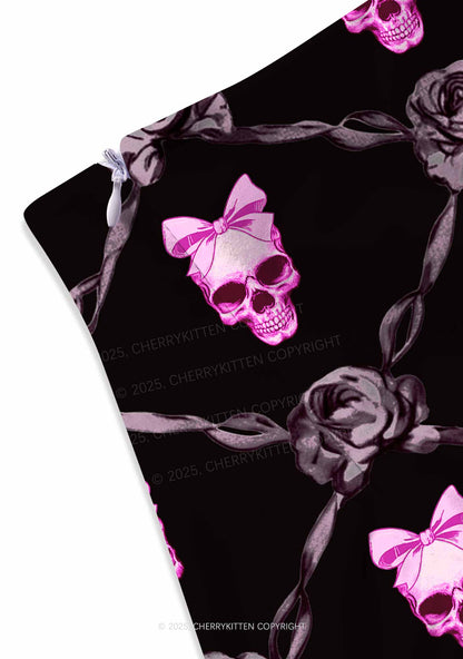 Halloween Pink Skull Y2K Print Mini Skirt Cherrykitten