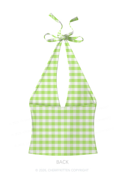 White Green Plaid Y2K Print Halter Deep V Neck Cami Cherrykitten