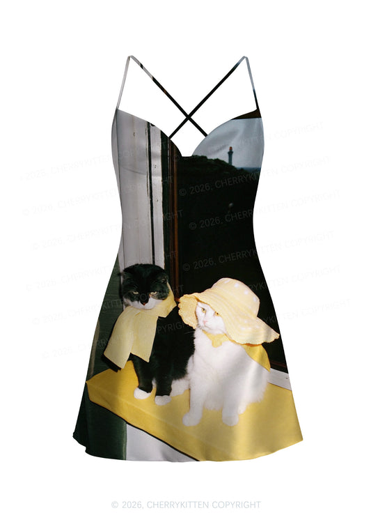 Cats Friend Y2K Print Satin Cowl Neck Slip Dress Cherrykitten