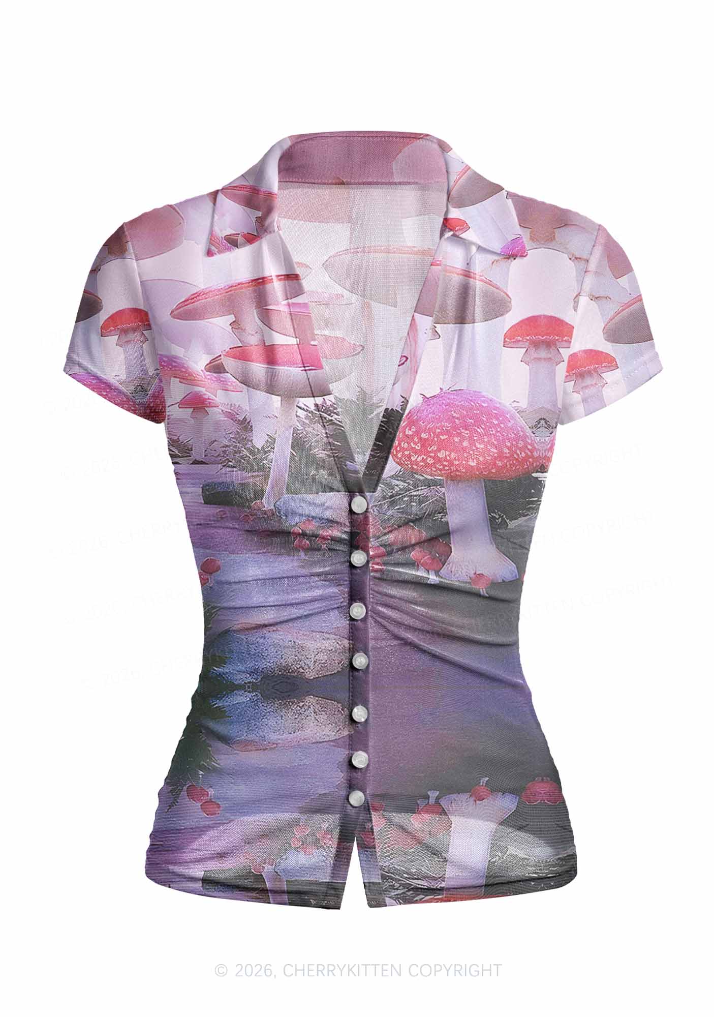 Pink Mushroom Y2K Mesh Ruched  Waist  V Neck Top Cherrykitten