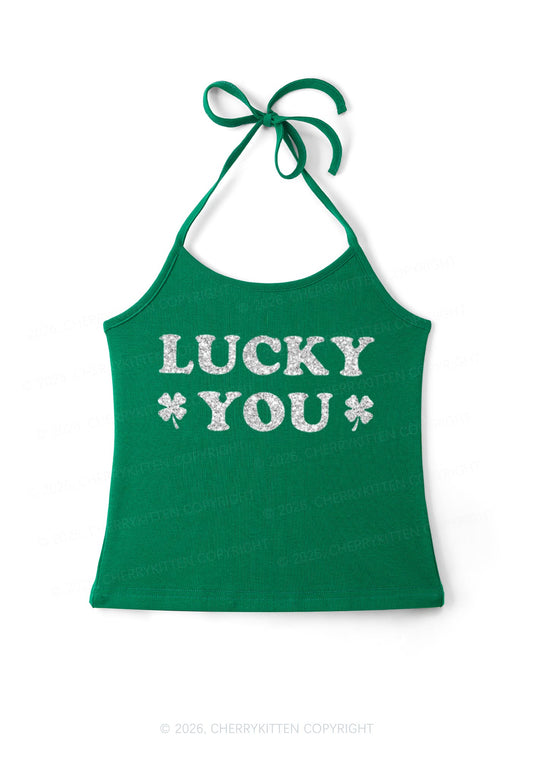 Glitter Lucky Green St Patricks Y2K Halter Neck Cami Cherrykitten
