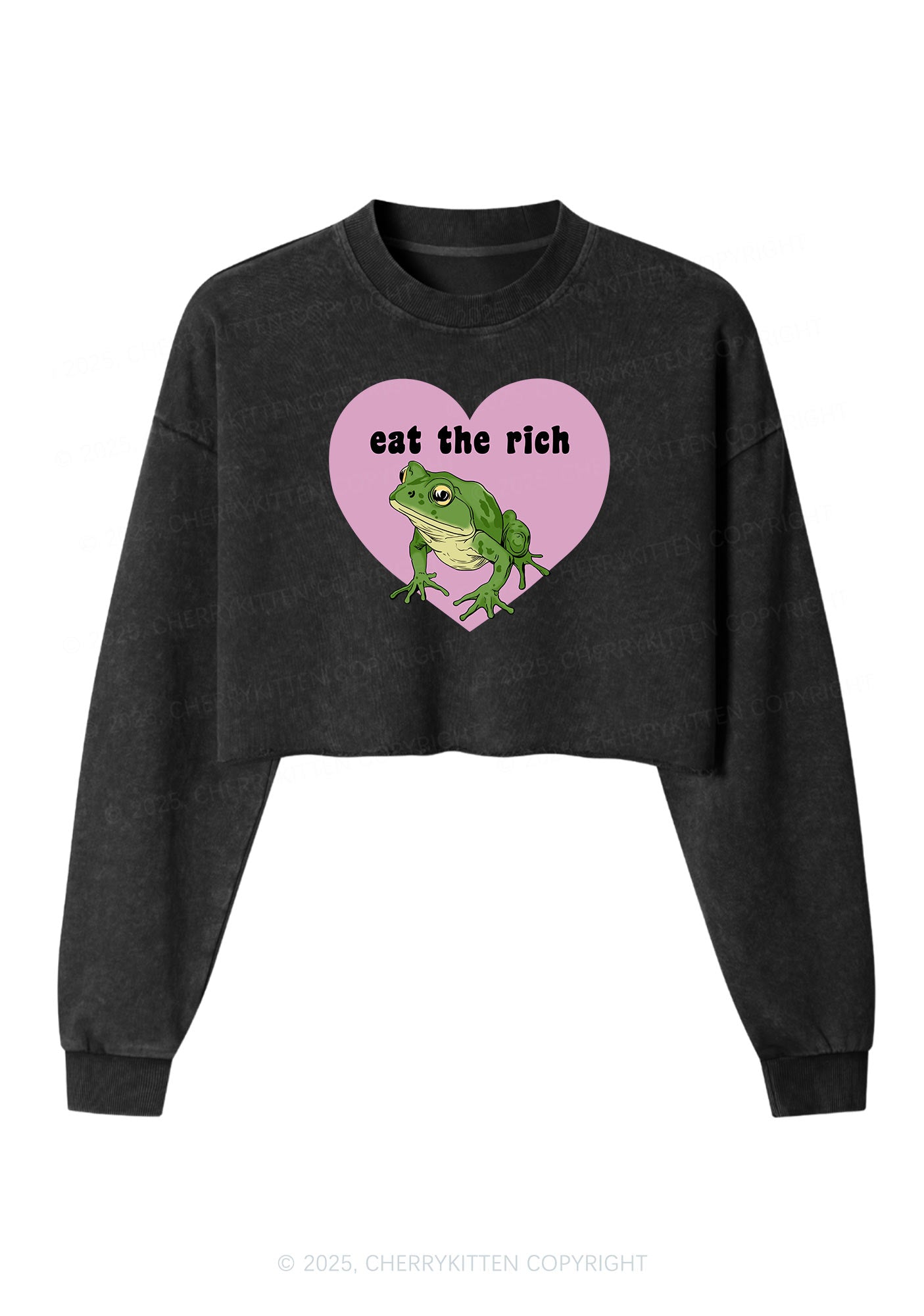 Eat The Rich Frog Y2K Crop Washed Sweatshirts Cherrykitten