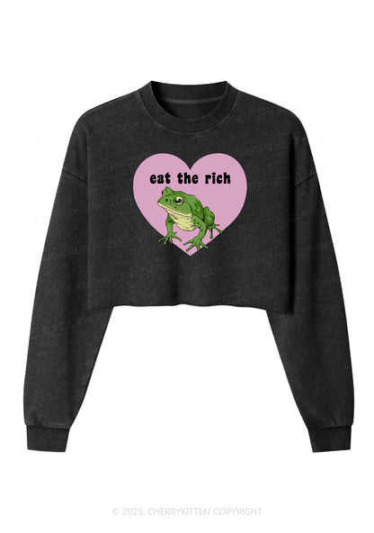 Eat The Rich Frog Y2K Crop Washed Sweatshirts Cherrykitten