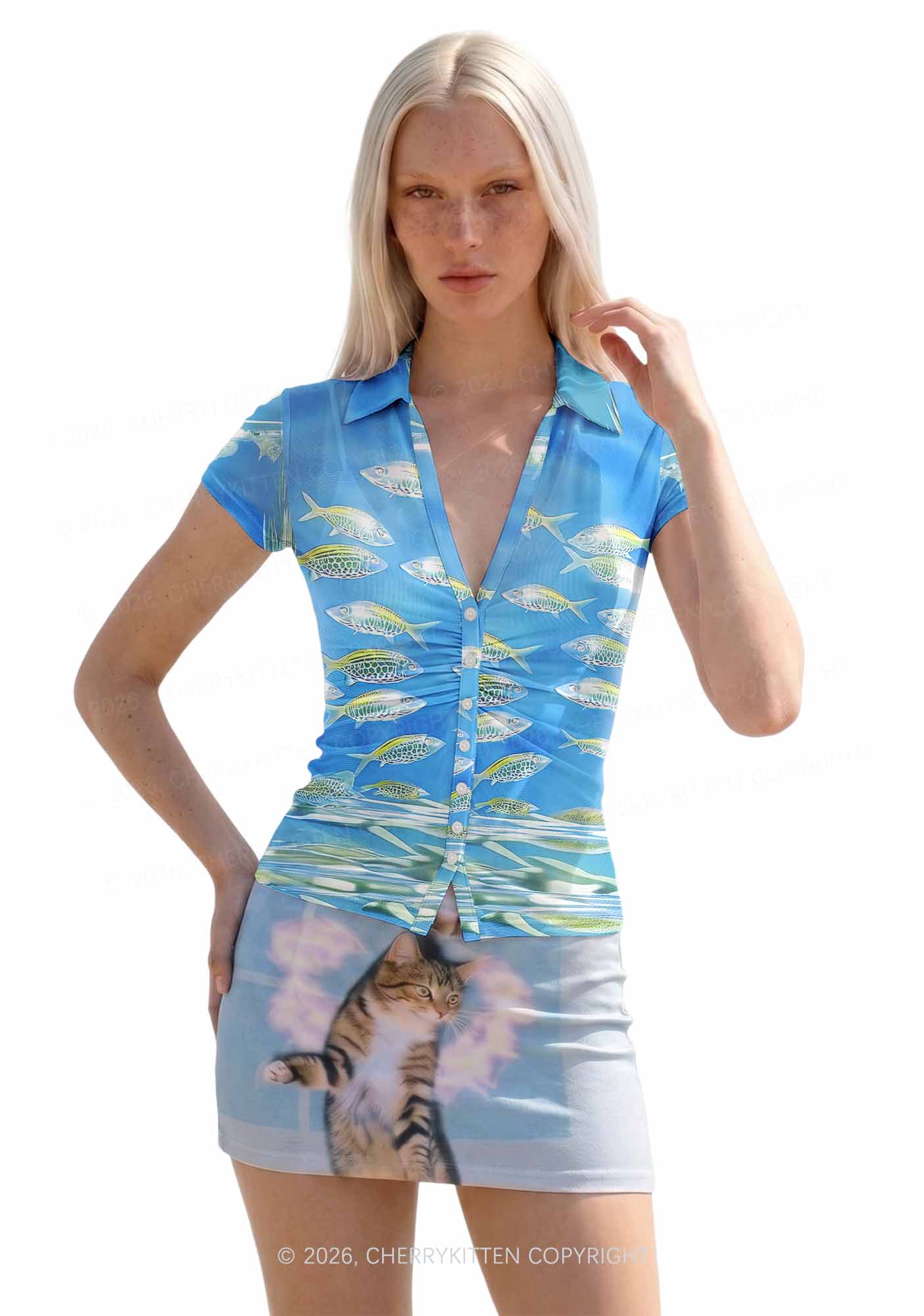 Undersea Fish Y2K Mesh Ruched  Waist  V Neck Top Cherrykitten